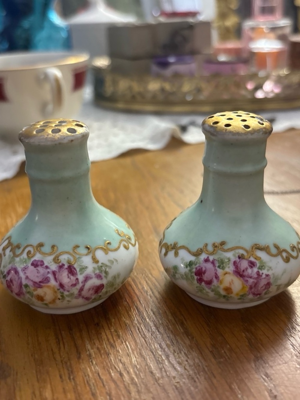 Porcelain Floral Salt & Pepper Shakers in Mint Green and Gold Trim